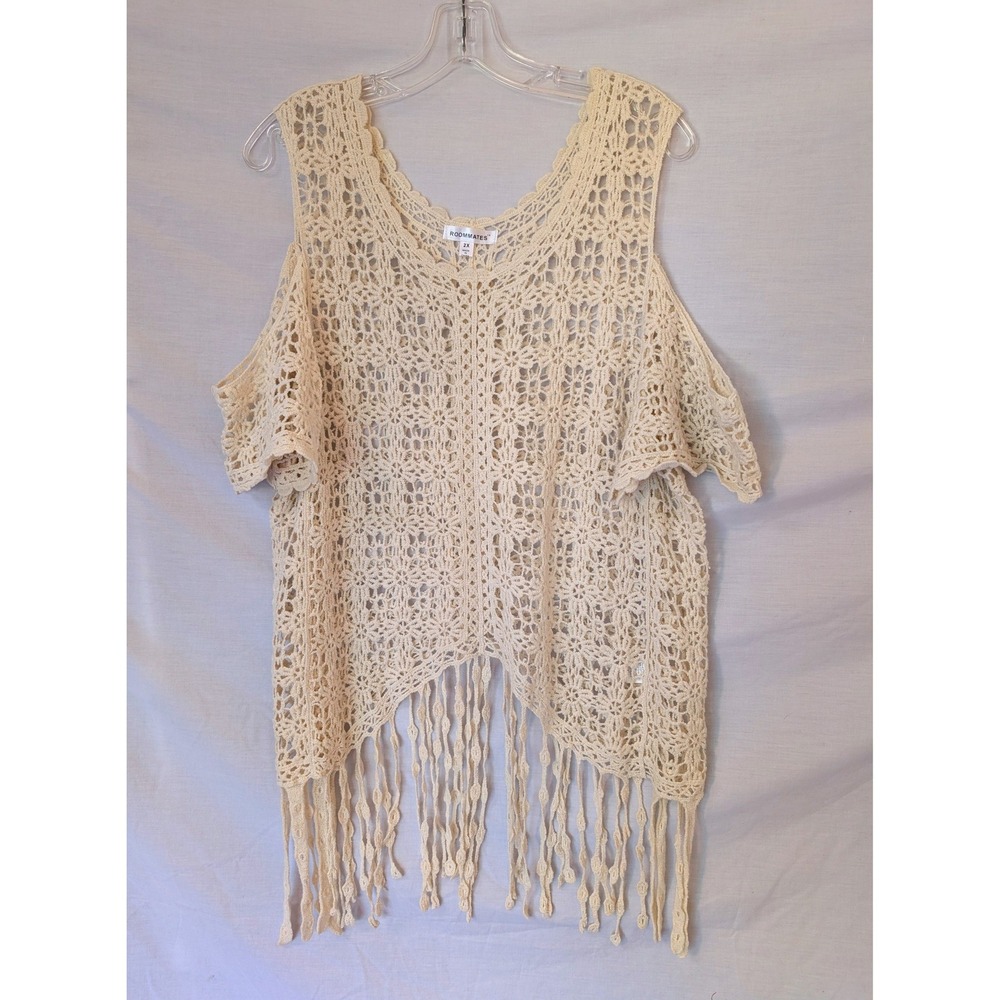 Boho Open Crochet Fringe Top 2X 100% Cotton Cold Shoulder Cream Hippie Festival - Picture 1 of 6